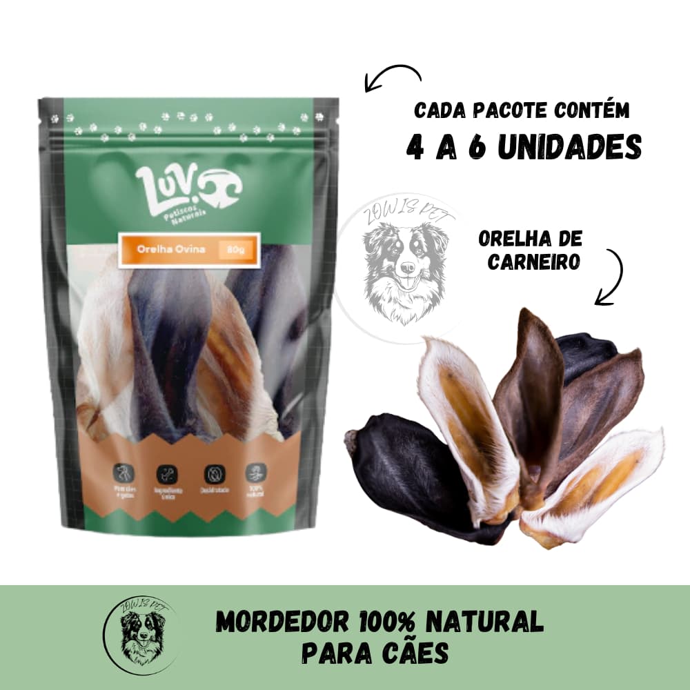 Petisco Natural para Cães e Gatos Orelha Ovina Carneiro 80g Desidratado - Luv Petiscos