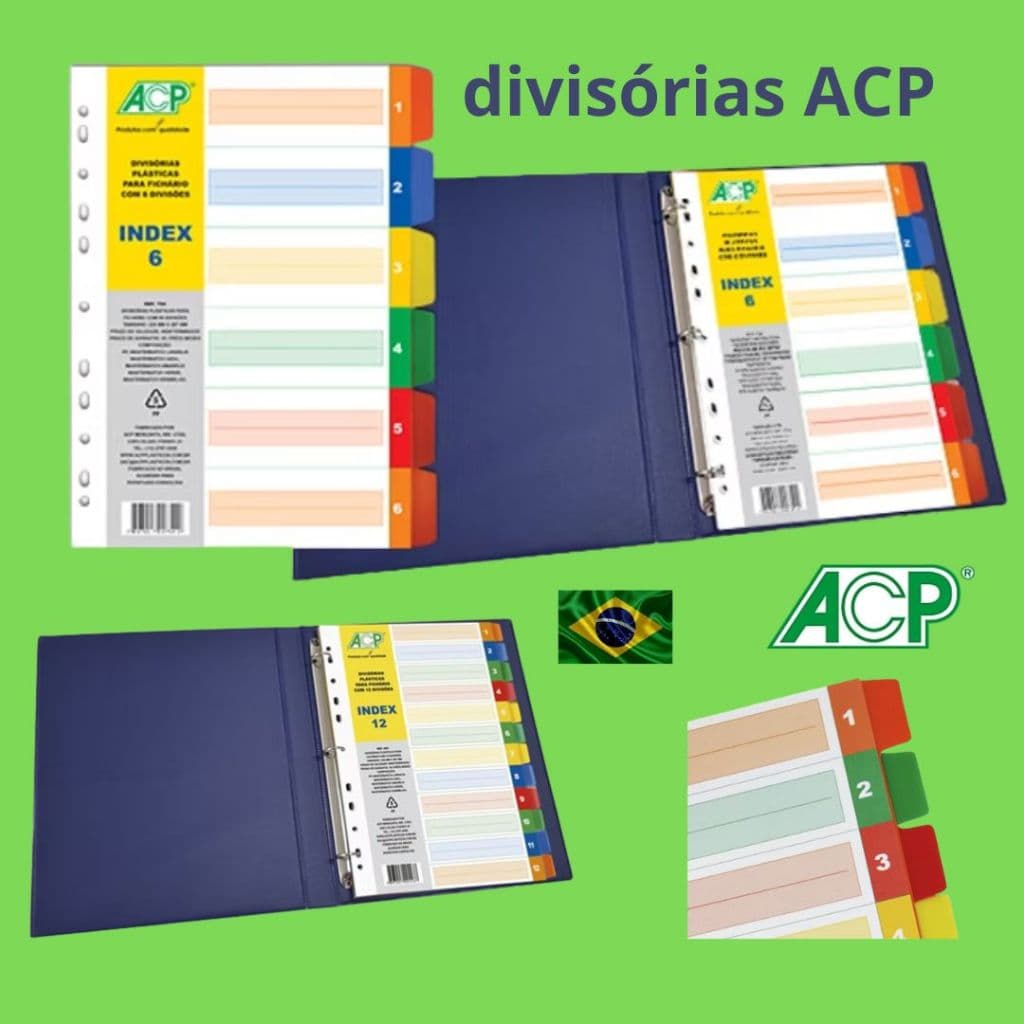 Divisoria p/ Fichario Colorida ou Cristal Plastica c/6 10 ou 12 indices da ACP tamanho A4
