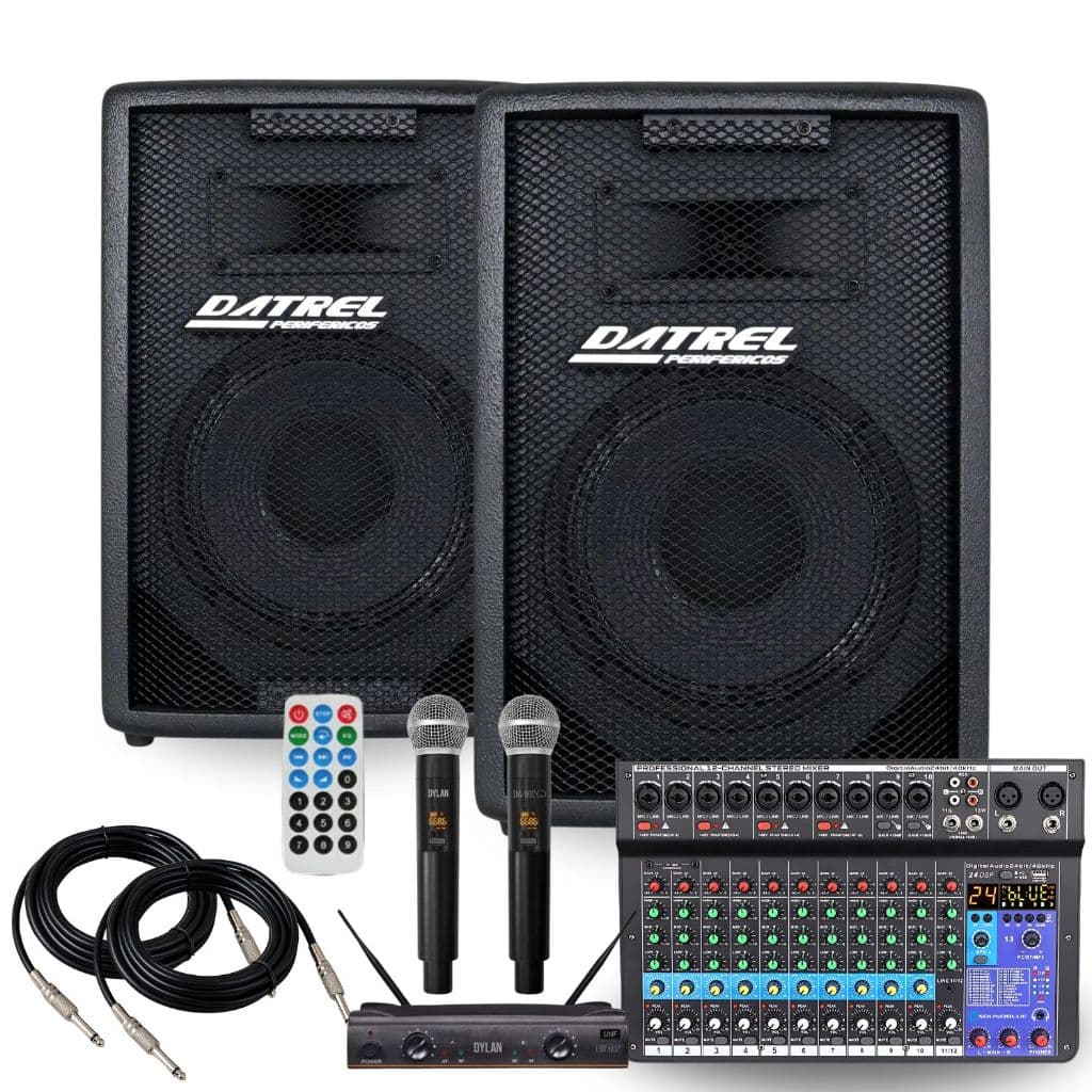Kit 2 Caixas De Som 300W Rms Datrel Ativa Passiva Profissional + Mesa 12 Canais Efeitos + Microfone DW-602 MAX + Cabos