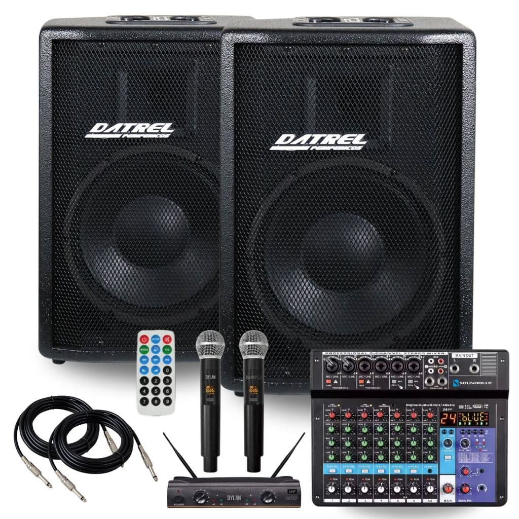 Kit 2 Caixa Som 400w Rms 10 Ativa Passiva Acustica Profissional Datrel + Console Mesa 8 Canais + Microfone Sem fio Dylan