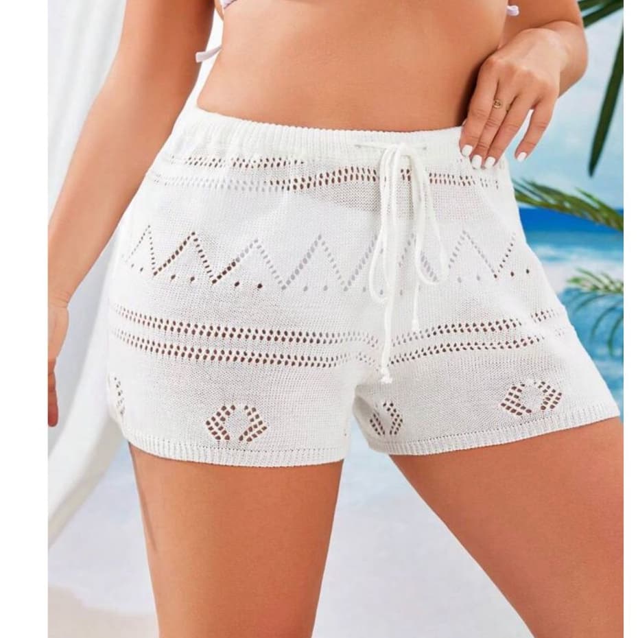 Short Feminino Saida de Praia Shortinho Tricot  Crochê  Com Cós com cordão para regulagem