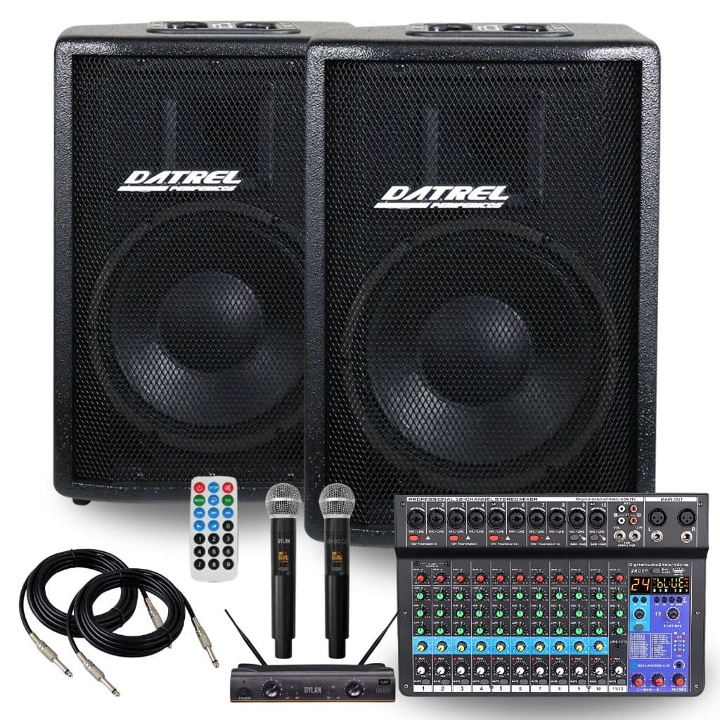 Kit 2 Caixa Som 400w Datrel Ativa Passiva Acustica Profissional + Console Mesa 12 Canais + Microfone Duplo Sem Fio Dylan