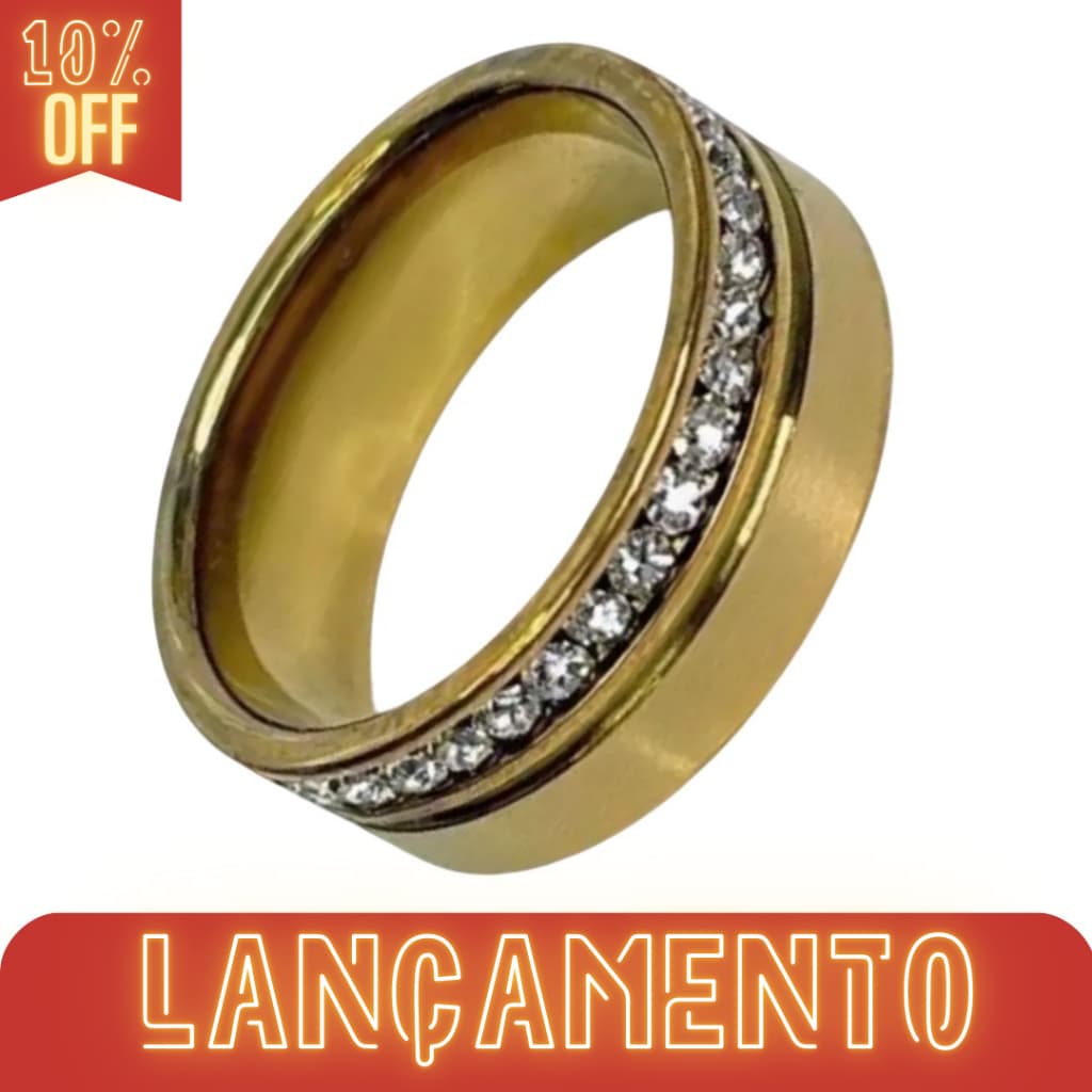 Aliança De Compromisso e Casamento Aço Inoxidável Dourada Lisa com 1 Friso e Linha Cravejada 8MM