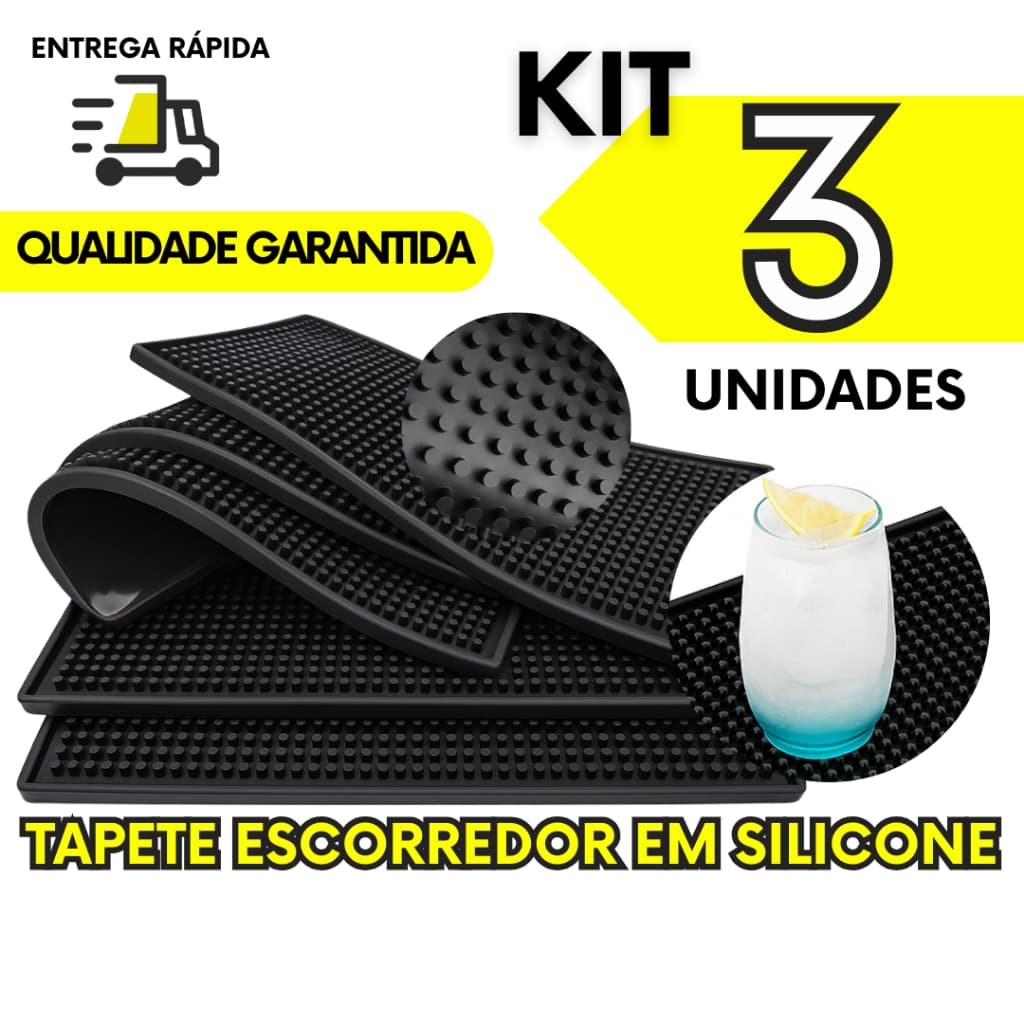 Jogo 3 Tapete De Silicone Escorredor 30x15 Versátil Para Louças Copos Bar Mat Mesa Drink Barbearia