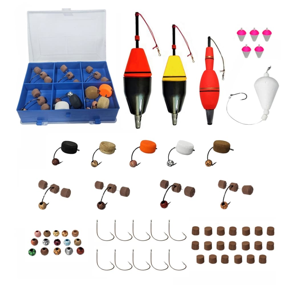 KIT PESCA DE TAMBA ESTOJO DUPLO BOIA CEVADEIRA TORPEDO BOIA PÃO ANTENINHA BOLACHÃO ANZOL MIÇANGA FLUTUADOR