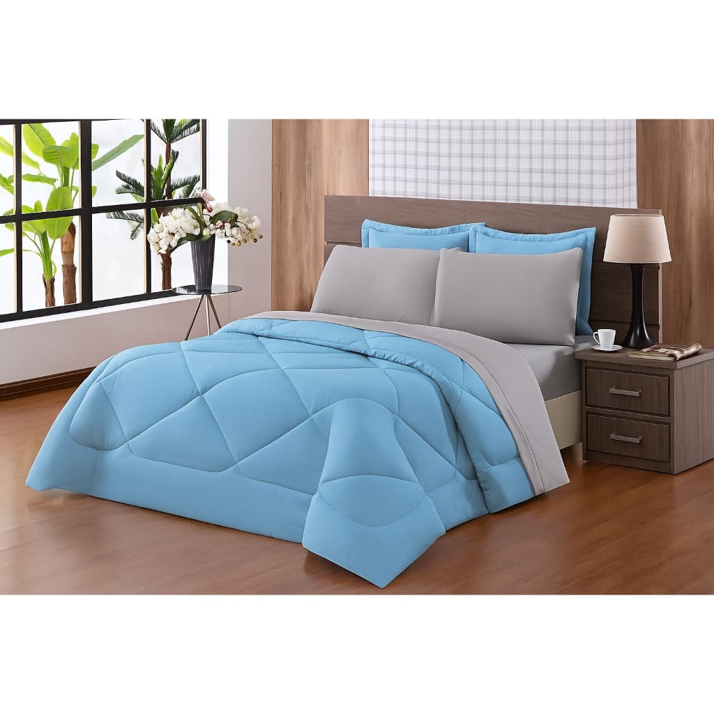 Kit Cobre Leito Edredom Cama Posta Casal Queen Dupla Face Azul Claro Cinza com 3 peças