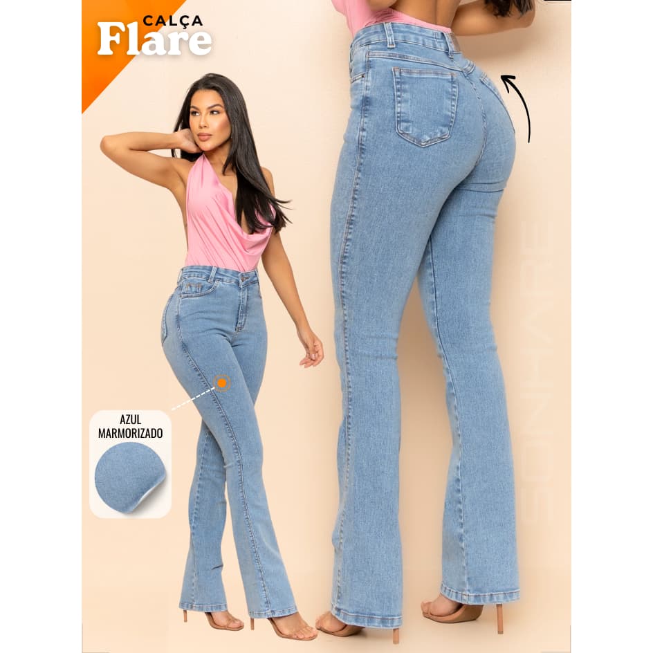 Calça Flare Jeans Feminina Cintura Alta Modeladora com Lycra Premium Empina Bumbum Boca de Sino