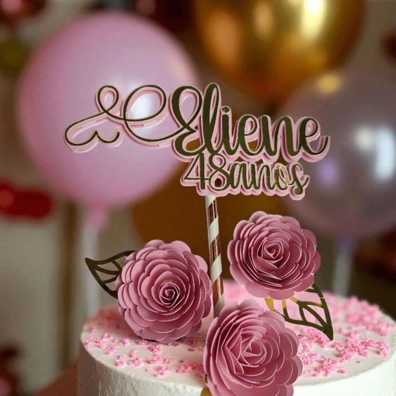 Topo de bolo personalizado com nome, idade e flores/topo de bolo personalizado/topo de bolo
