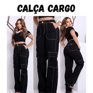 Calça Cargo Jeans Feminina Bolsos Laterais Premium Moderna Calça Jeans Cargo Feminina Streetwear Larga Cintura Alta
