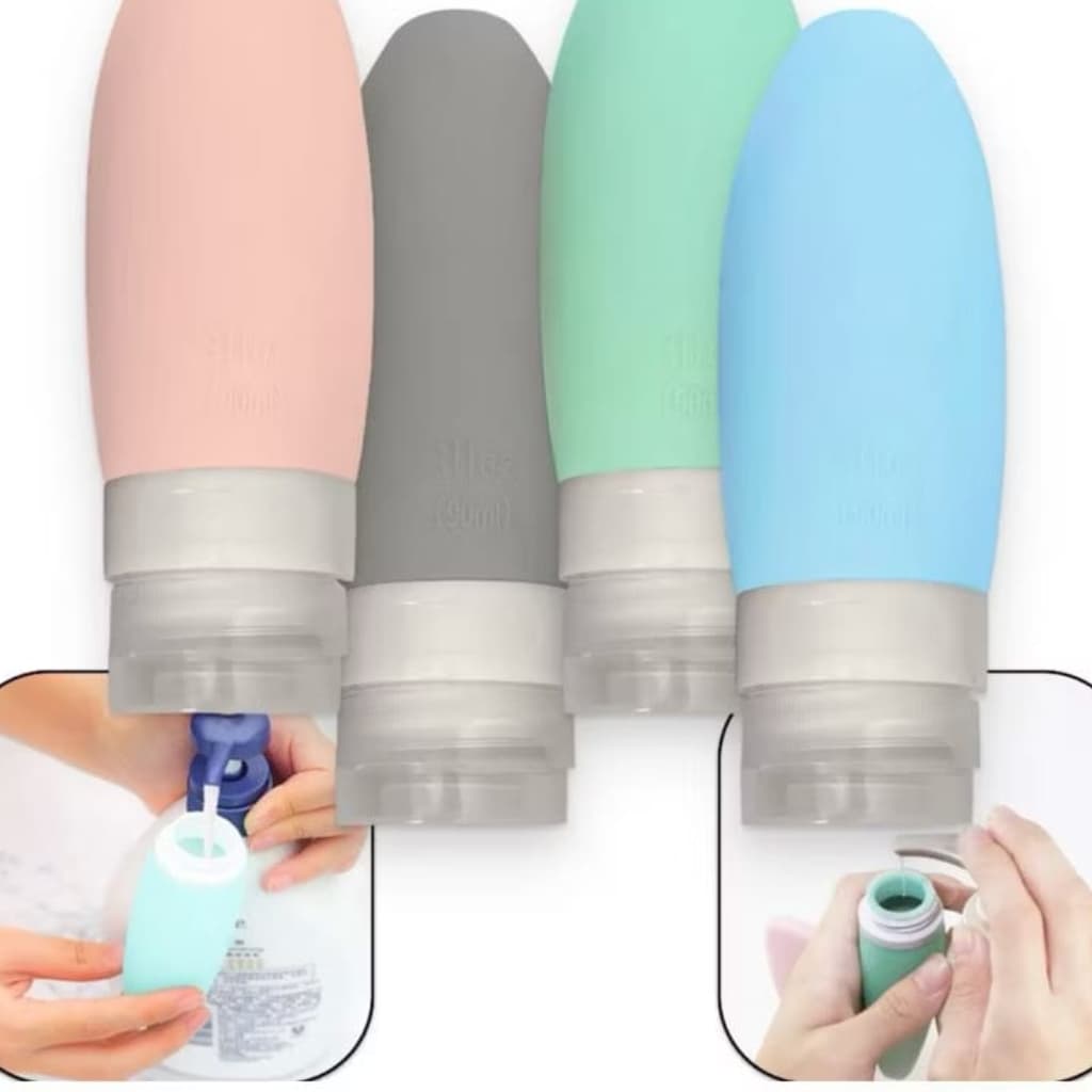 Kit Viagem 4 Frascos Silicone Pote 90ml Porta Creme Shampoo Perfume Loção Corporal Sabonete Líquido IDEAL