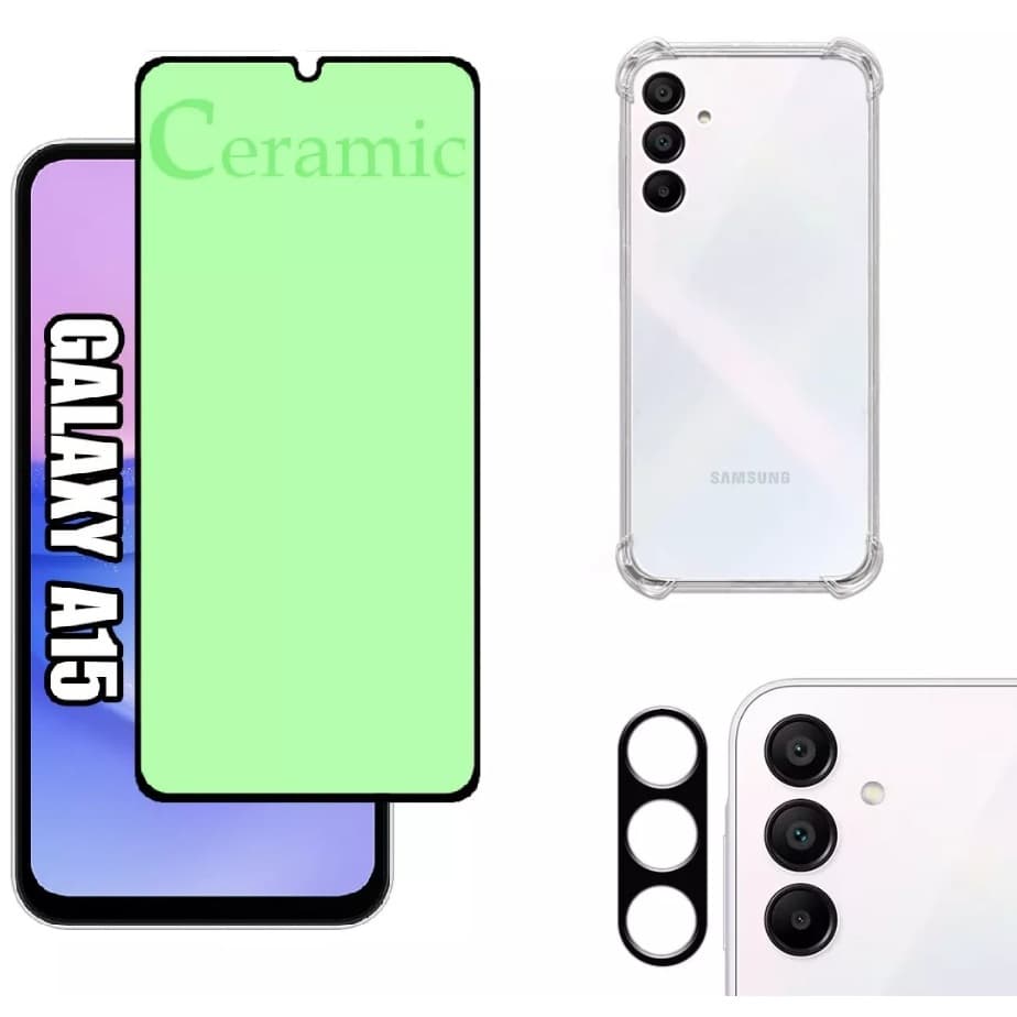 Kit Samsung Galaxy A15 – Capa Silicone Aveludada Premium + Película de Cerâmica 9D + Câmera Traseira