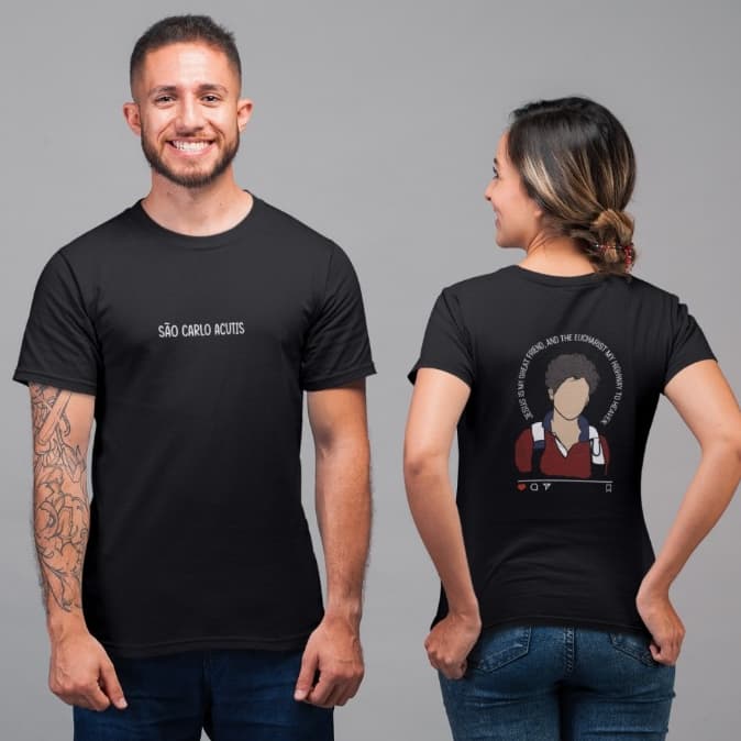 Camiseta Masculina e feminina básica estampa de Carlos acutis