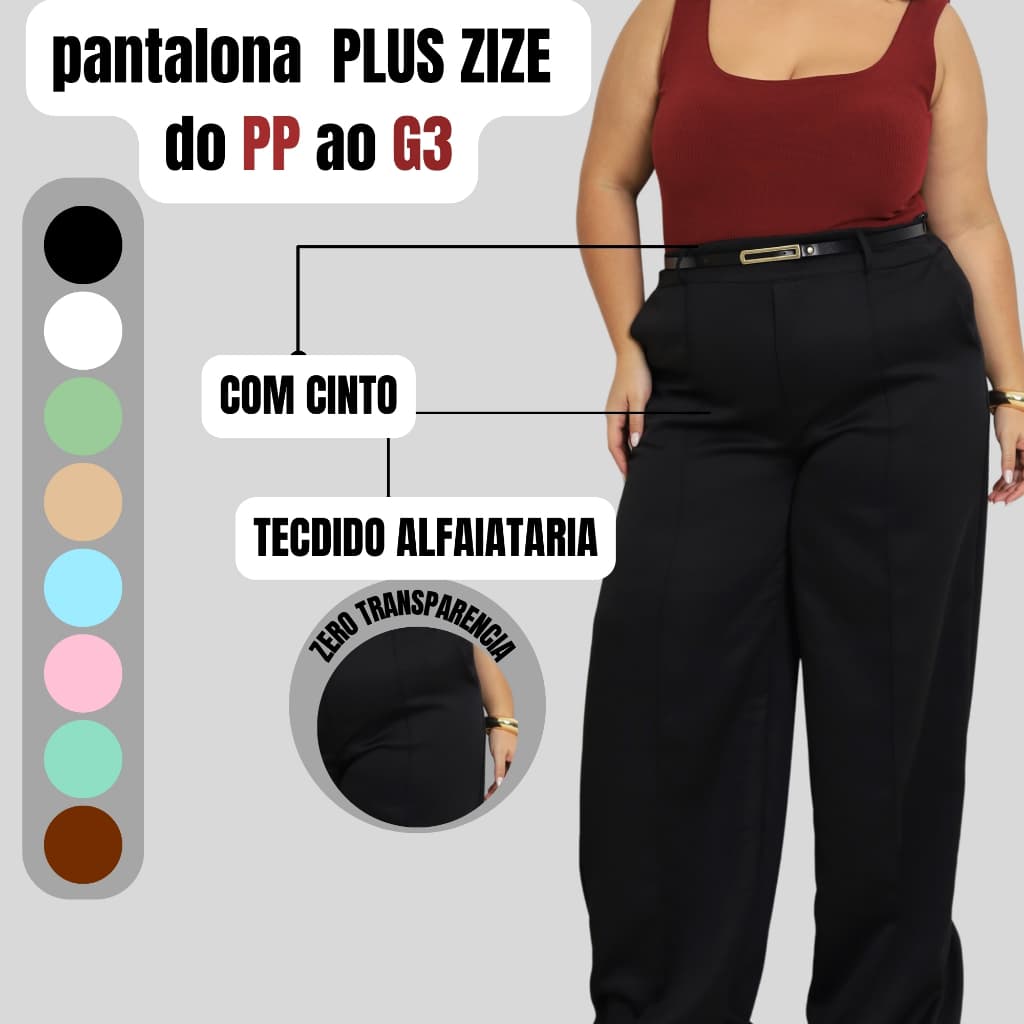CALÇA ALFAIATARIA FEMININA PLUS SIZE SOCIAL CINTURA ALTA CINTO BOLSO ELEGANTE LUXO TRABALHO WIDE LEG