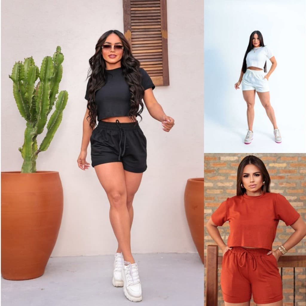 Conjunto Feminino Moletinho Premium Short Curto Cropped Manguinha Manga Curta Moda Blogueira