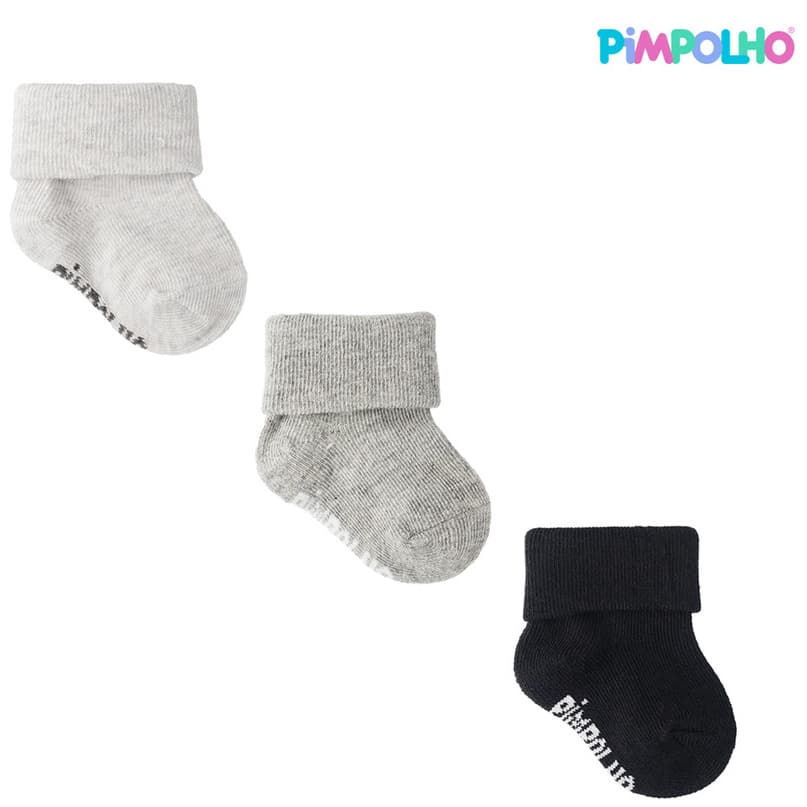 Kit 3 Pares Meia Lisa Com Vira Preta/Cinza/Mescla Pimpolho Unissex