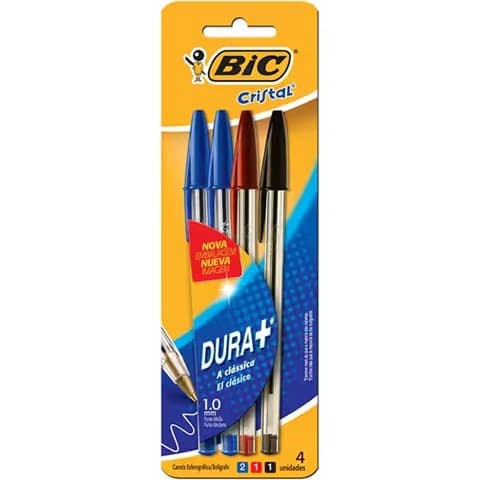 Caneta Esferográfica BIC Escrita Média Cristal Dura Mais, 2 Canetas Azuis, 1 Caneta Vermelha e 1 Caneta Preta, BT 4 UN