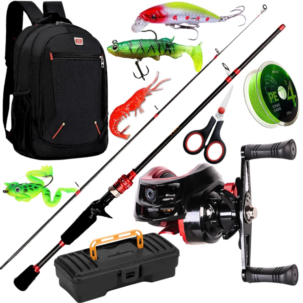 Carretilha de Pesca Anticabeleira Vara de Fibra de Carbono Linha Multifilamento Isca Artificial Kit.