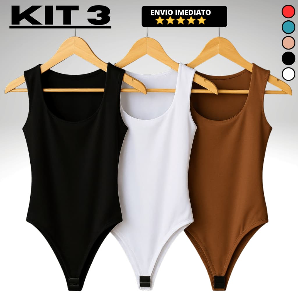 Kit 3 Body Casual Feminino Regata Decote Quadrado Alça Larga Suplex Liso