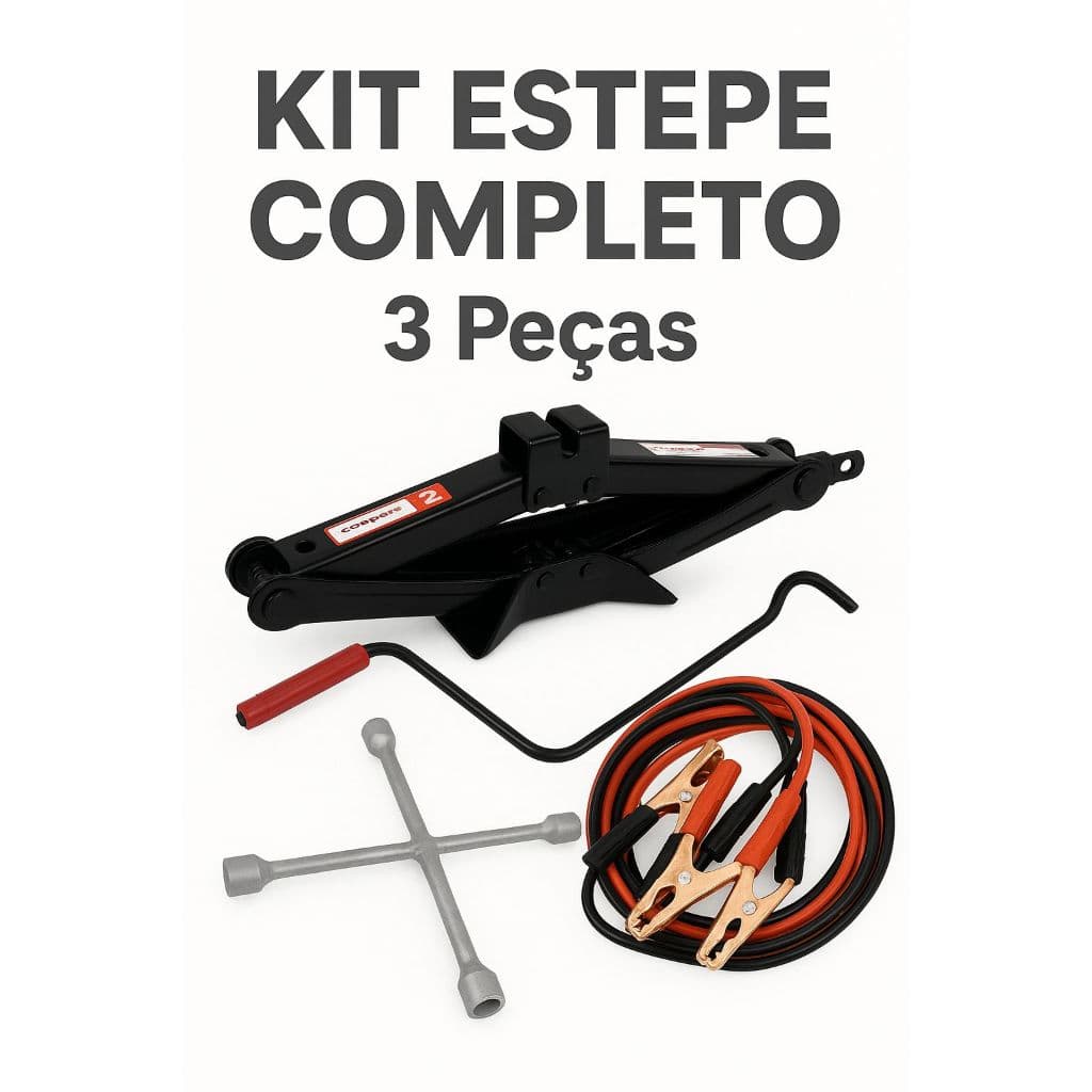 Kit Estepe Automotivo Completo Macaco Sanfona 2T + Chave de Roda Cruz + Cabo de Chupeta Reforçado
