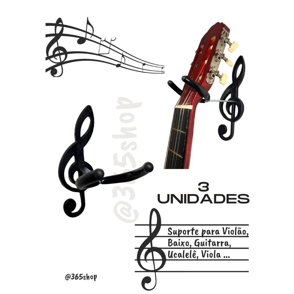 3 Suportes para Violão de Parede; Guitarra; Uculelê; Baixo; Viola.