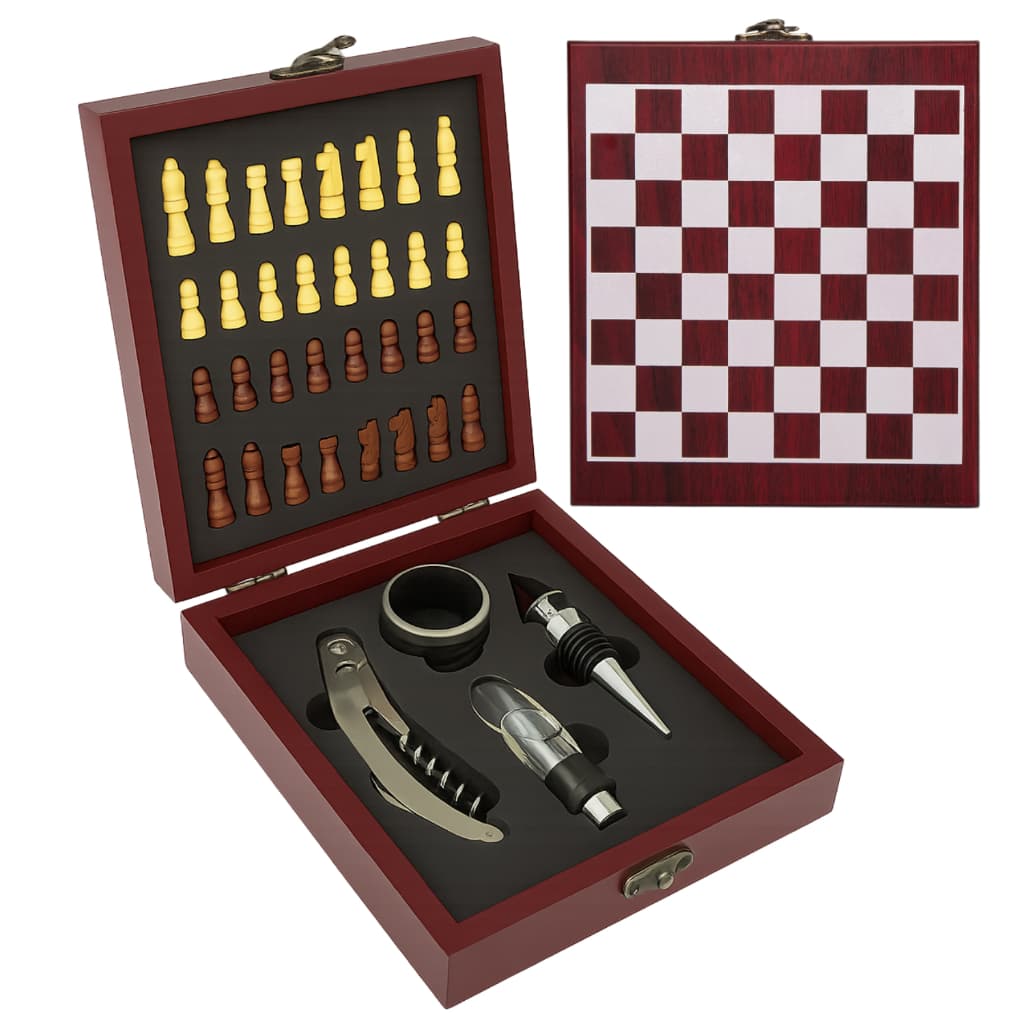 Kit Vinho Completo 4 Peças Com Jogo De Xadrez Caixa MDF Presente Luxo Elegante