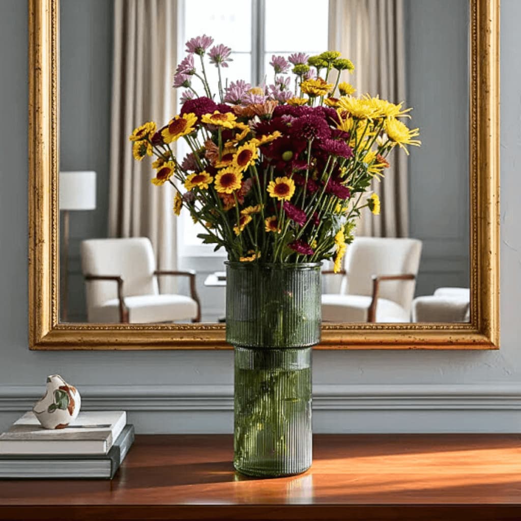 Vaso Verde Oliva Grande Vidro Canelado 24 cm Elegante Arranjo de Flores