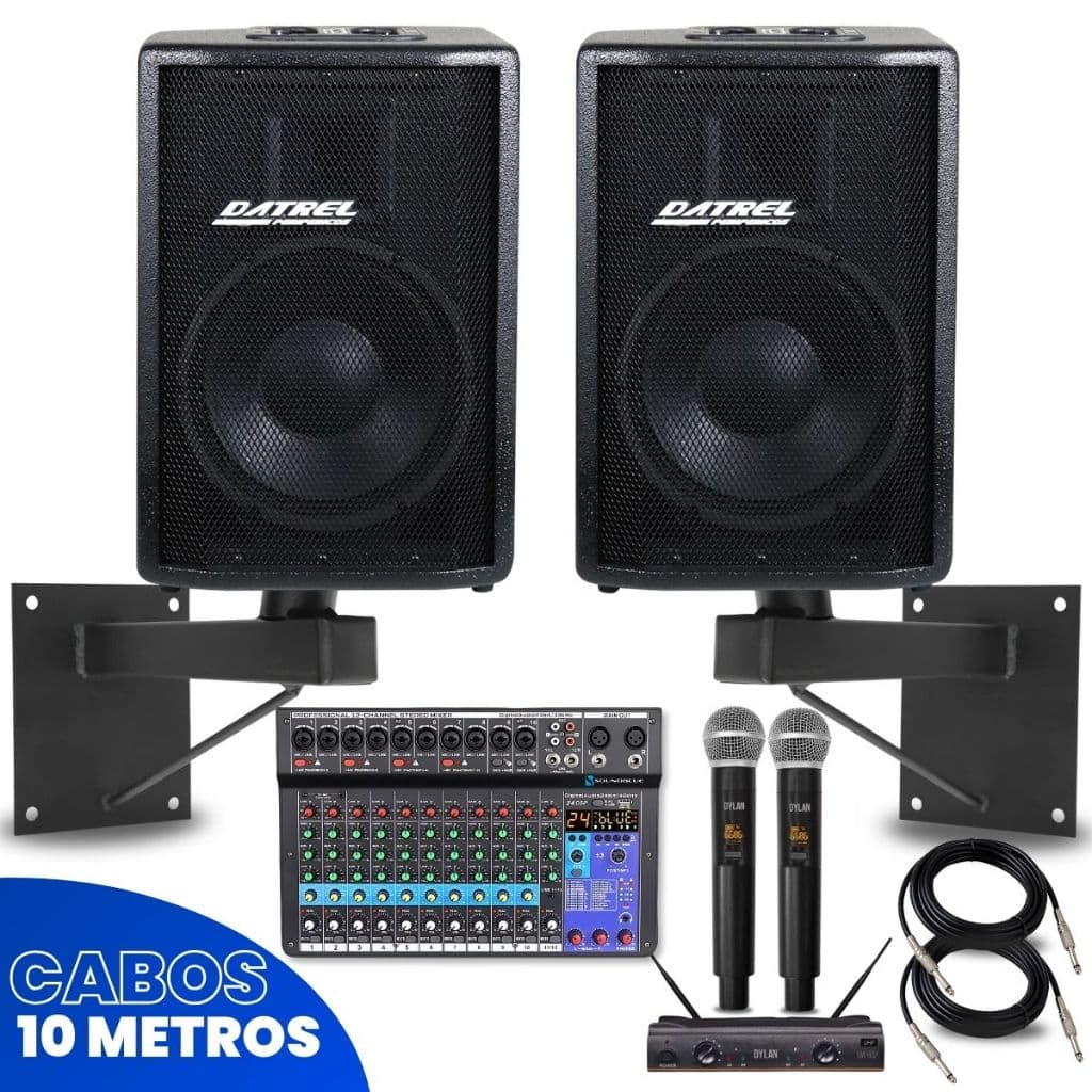 Kit 2 Caixa Som 400w Ativa Passiva 10 Acustica Profissional + Mesa 12 Canais + Microfones Sem Fio Dylan + Suporte Parede