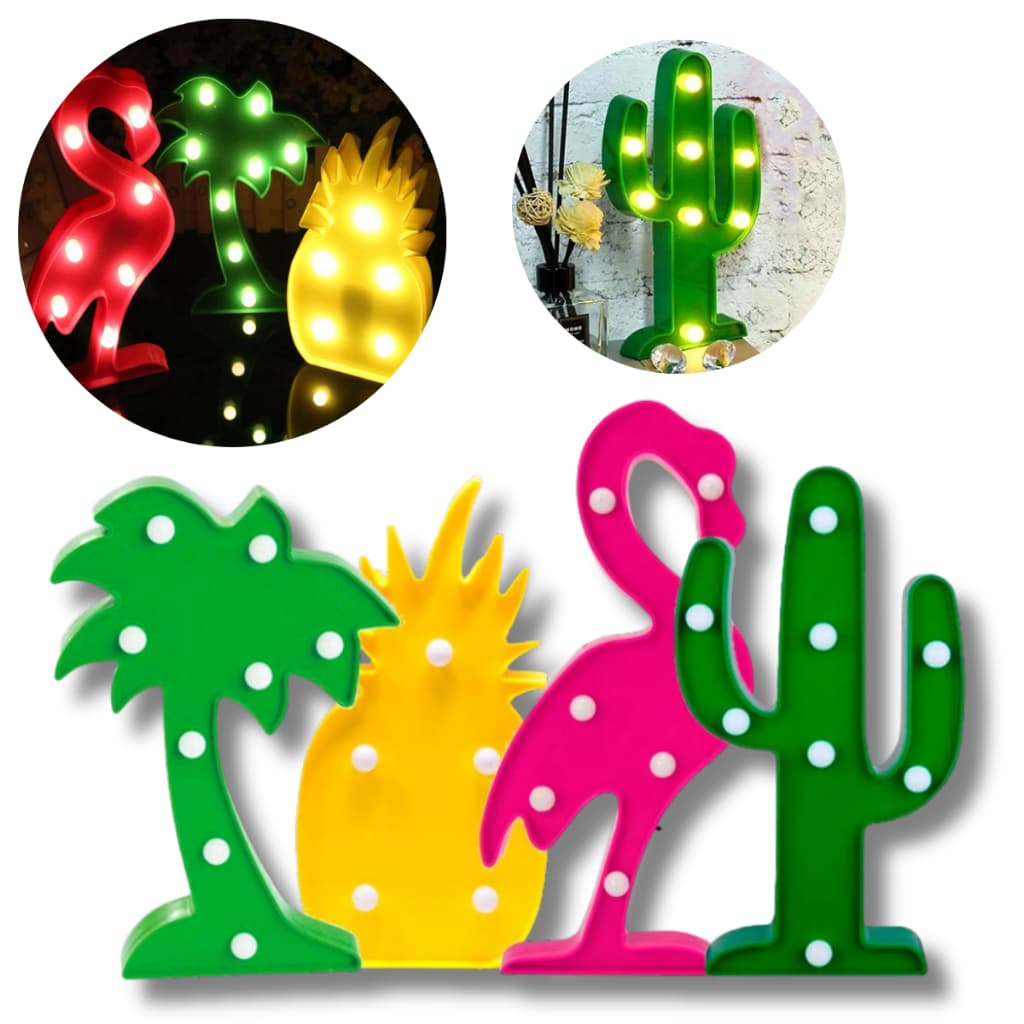Luminária de LED Abajur Decoração Festa Tropical Luz Amarela a Pilha Cacto Coqueiro Abacaxi
