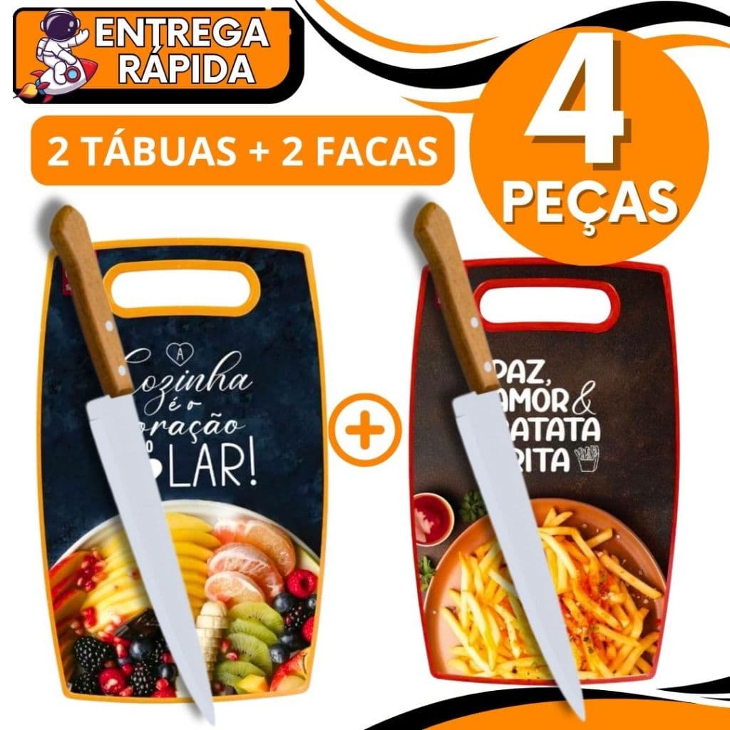 KIT 2 Tabua Alimentos + 2 Faca Corte Carne Legumes Frutas Vegetais Paes Churrasco Cozinha Profissional MDF Plastico Chef