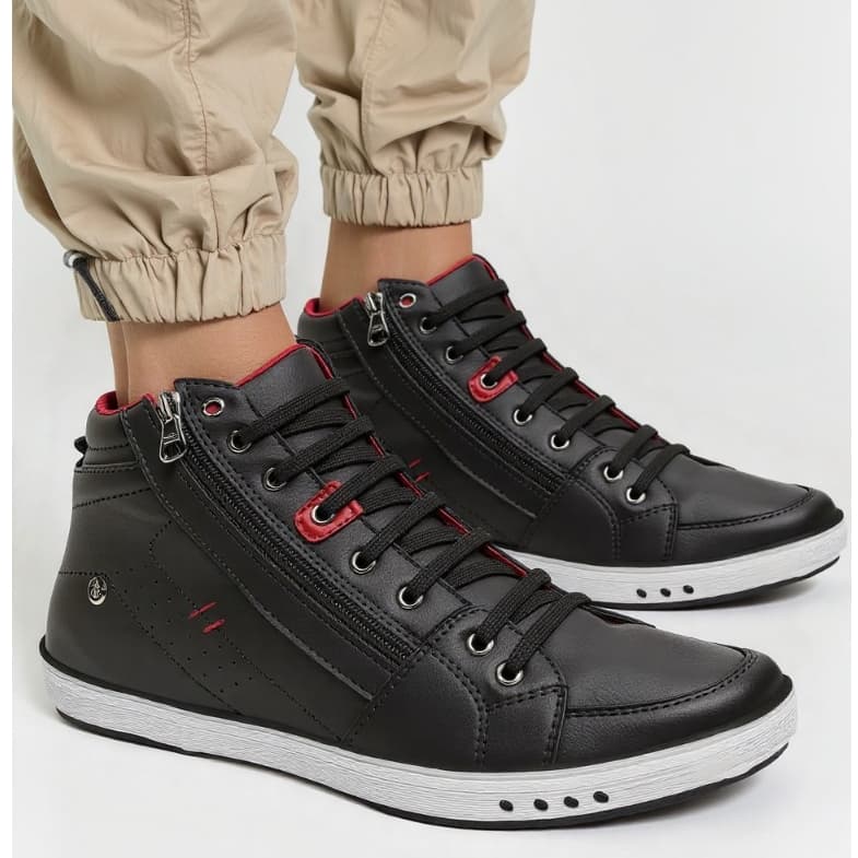 Kit Relógio e Botinha Masculina Casual Sapatenis Cano Médio Elástico Zíper Palmilha Confort