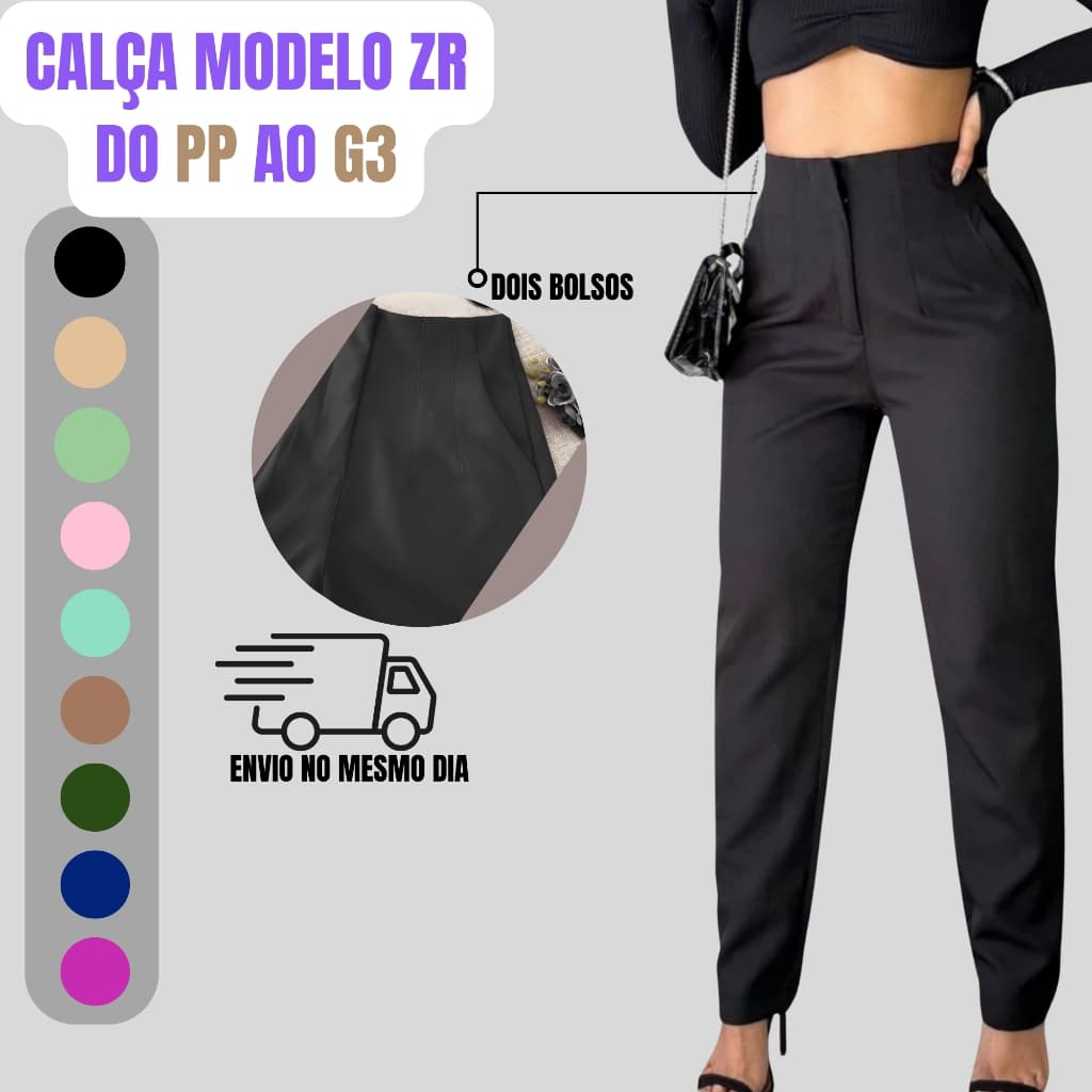 Calça Alfaiataria Feminina Cintura Alta Com Zíper  E Bolsos Lançamento  ZR Social  Empresaria Tendência Elegante