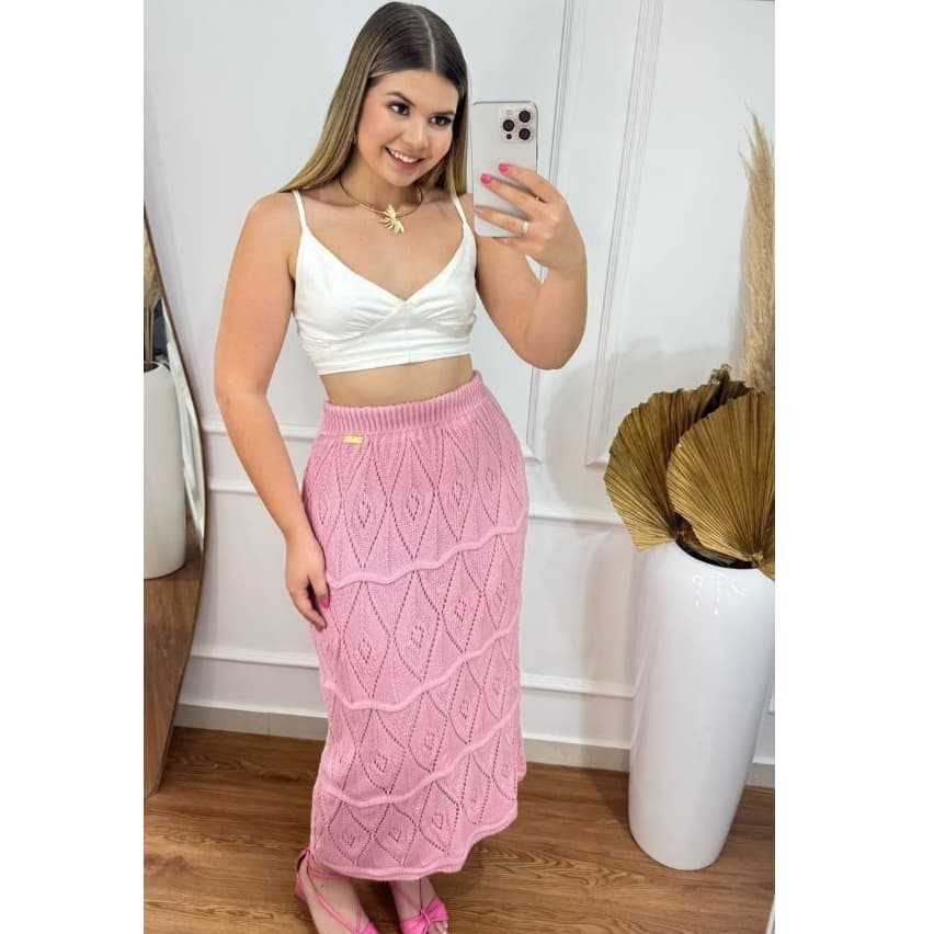 Saia Midi Tricot Eloá Feminina Rendada Forrada Crochê Moda Inverno Verão Charmilly Tricot