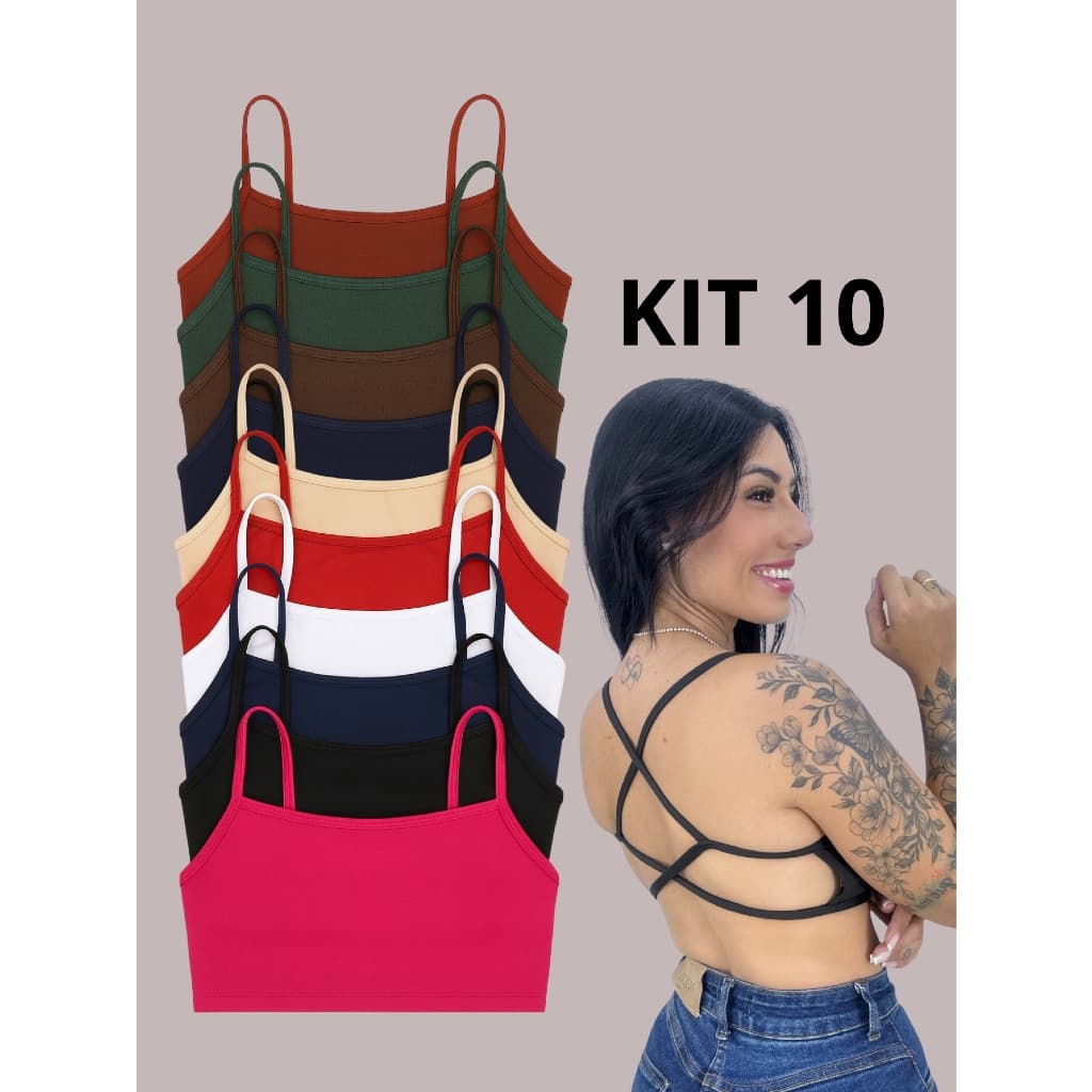 Kit 10 top transpassado fitness e casual decote costas nua sem bojo cropped treino