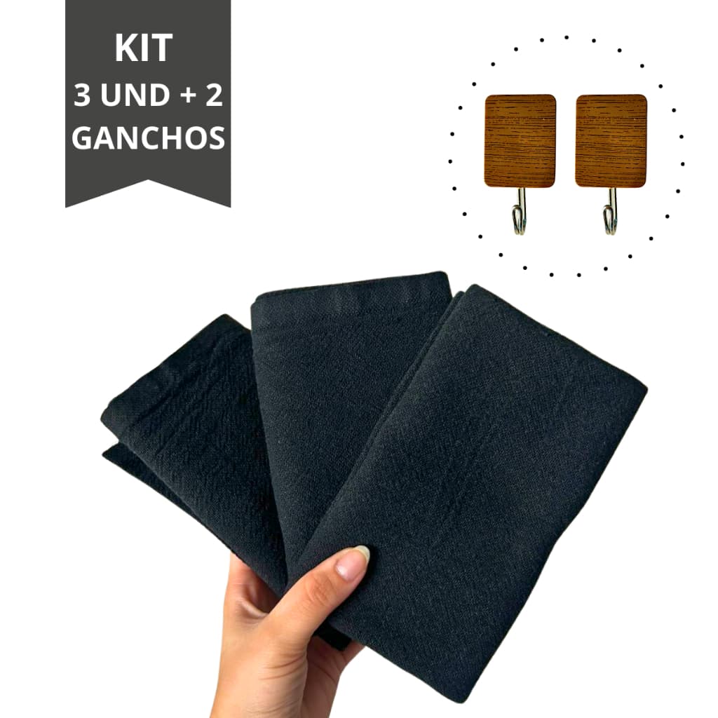 Kit 3 Panos de Prato Preto 100% Algodão Linha Premium Grande Gourmet + 2 Ganchos Adesivo para Pendurar