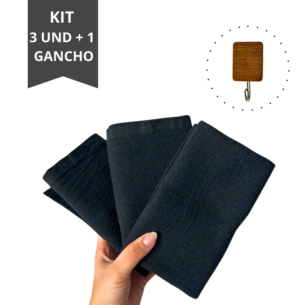 Kit 3 Pano de Prato Preto 100% Algodão + 1 Gancho Adesivo