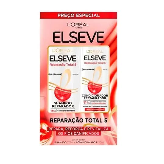 Kit Loreal Elseve Shampoo 375ml + Cond 170ml Reparação Total 5