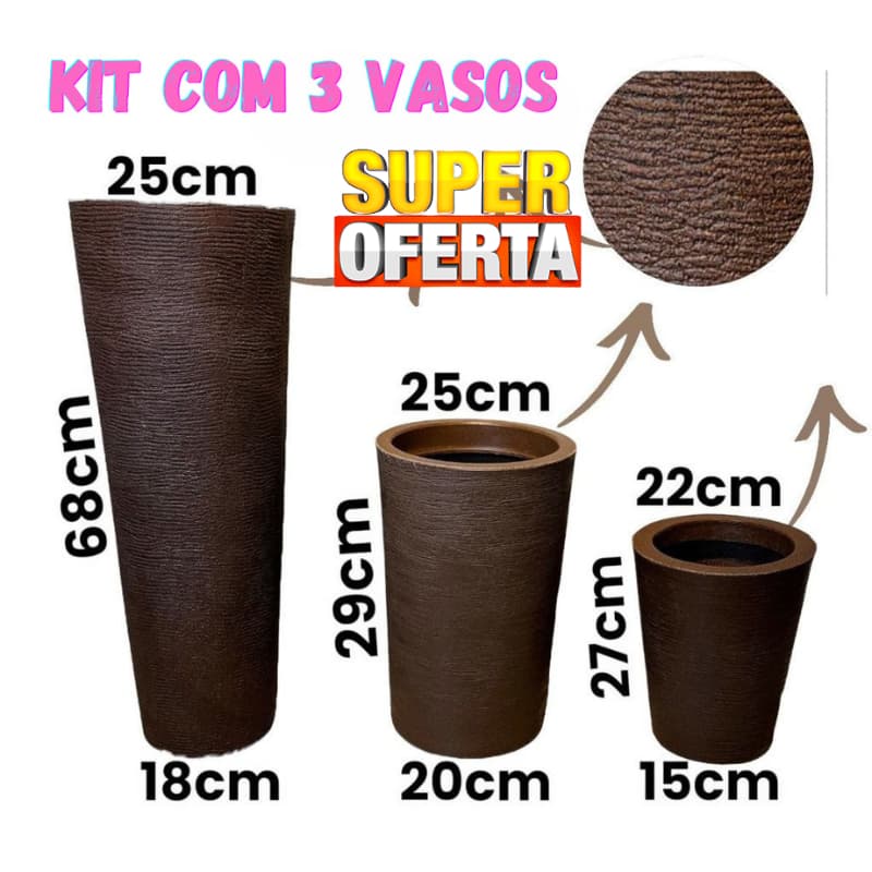 Kit 3 Vasos de Planta Decorativo Polietileno Texturizado Coluna Ibiza Sala Jardim Reciclavel