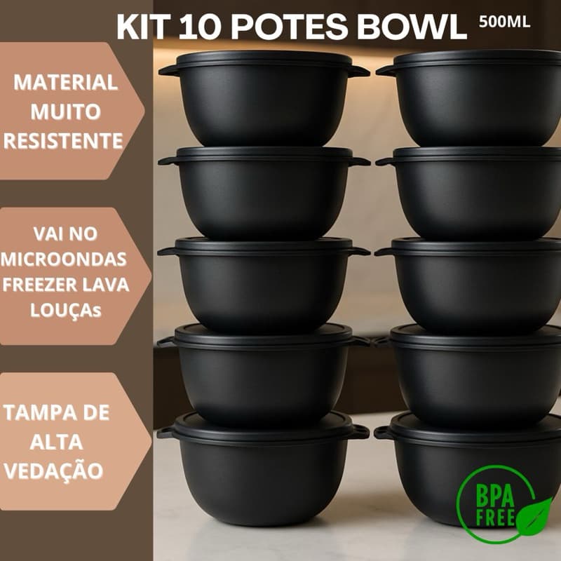 Potes preto de cozinha 500 ml, potes plásticos, potes resistentes, potes duráveis, potes marmita, podem micronda.