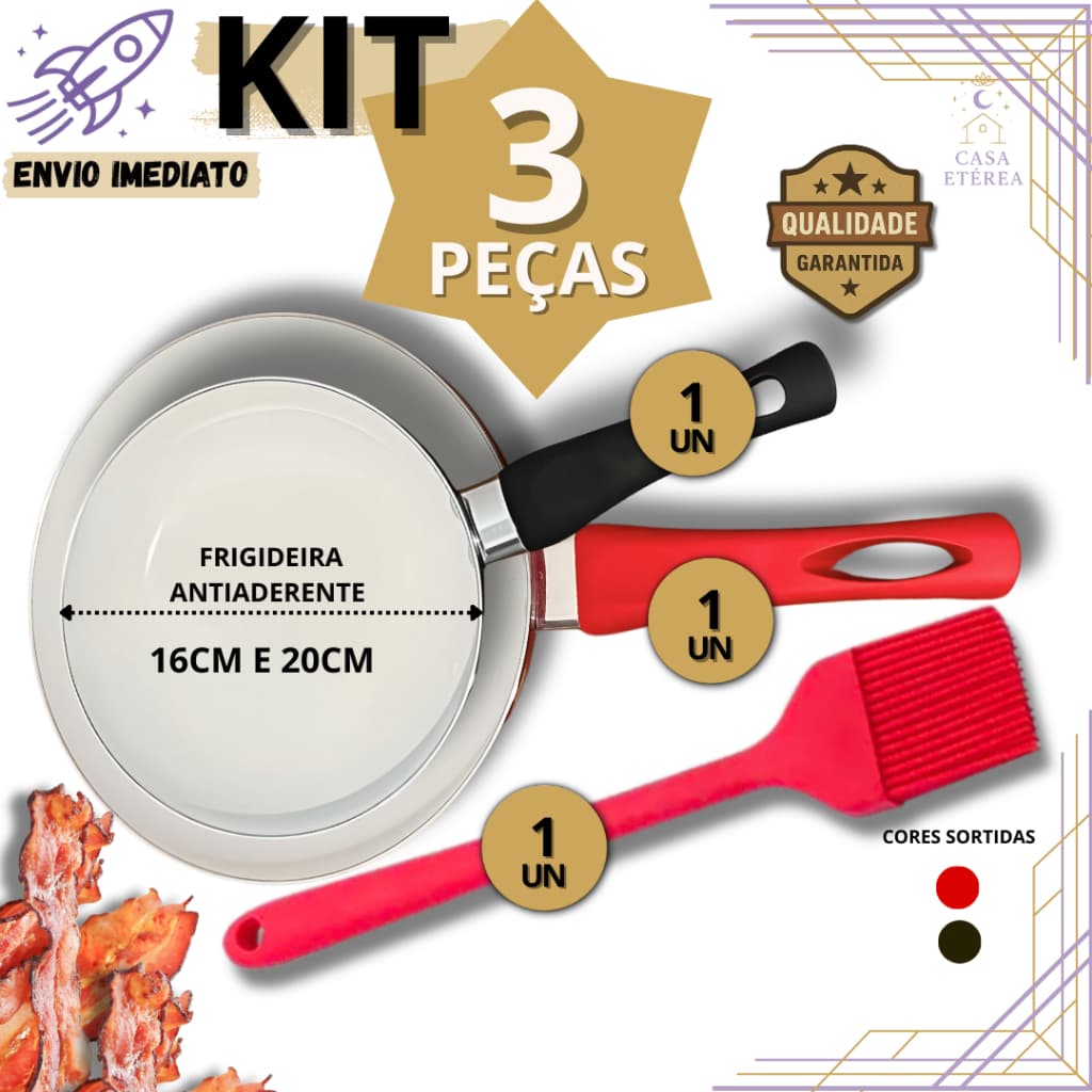 Kit 3 Frigideiras 20cm e 16cm Alumínio Antiaderente Cerâmica Cabo Silicone + Pincel de Silicone Casa Restaurante