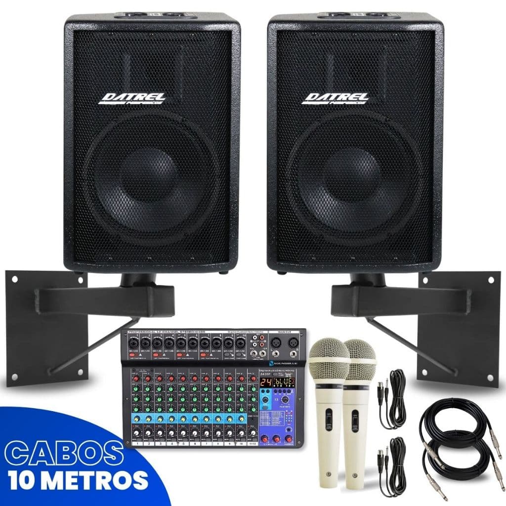 Kit 2 Caixas de Som 400W Ativa Passiva 10 + Mesa 12 Canais Bluetooth + Microfones c/ Fio + 2 Suportes de Parede + Cabos