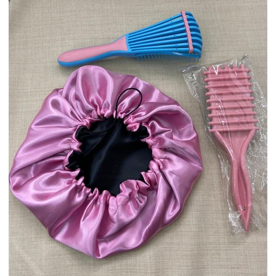 Kit Touca de Cetim Dupla Face + Escova Modeladora Profissional + Brinde Escova Polvo Antifrizz