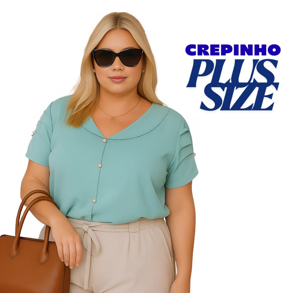 Blusa Feminina Plus Size Crepinho  Manguinha Gola Lapela Com Botão