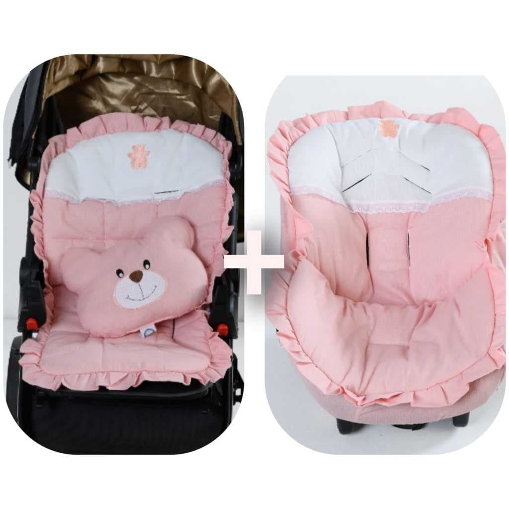 Kit Capa para Bebê Conforto e Capa de Carrinho Ursa Rose Bordada com babado e Almof. bordada de ursa