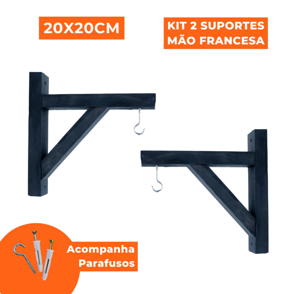 Suporte Plantas Mão Francesa Madeira Macramê Pinus Preto Verniz Natural 20cm X 20cm