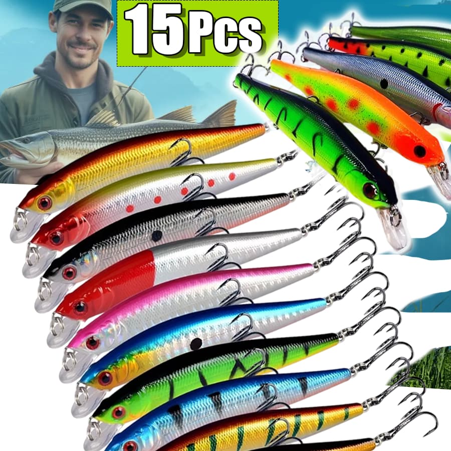 Kit 15  Iscas Artificial Meia água Premium Pesca Truta Peixe Realista Anzol Duplo 8cm 8,5g Isca com gancho
