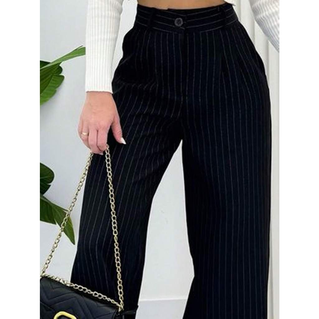 Calça Pantalona Alfaiataria Feminina Cintura Alta com Bolso Giz Wide leg