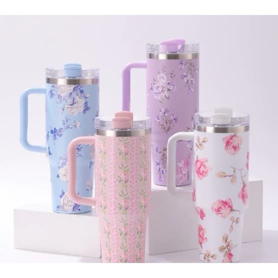 Copo Térmico 1.2L Inox com Canudo Plástico 1200mL Garrafa com Protetor de Canudo Florido Personalizado Floral