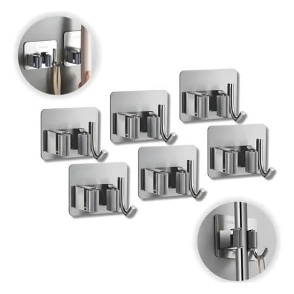 Kit 6 Suportes Gancho Inox Adesivo Forte para Vassoura, Rodo e Utensílios – Prata