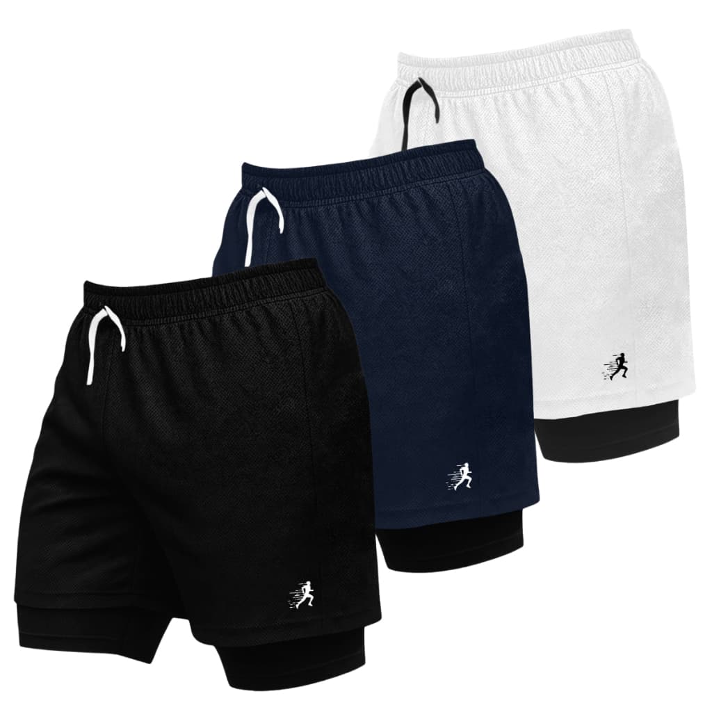 Kit 3 Short Treino Dry Fit Térmico 2 em 1 com Bolso para Celular e Porta-Toalha Fitness Academia Corrida