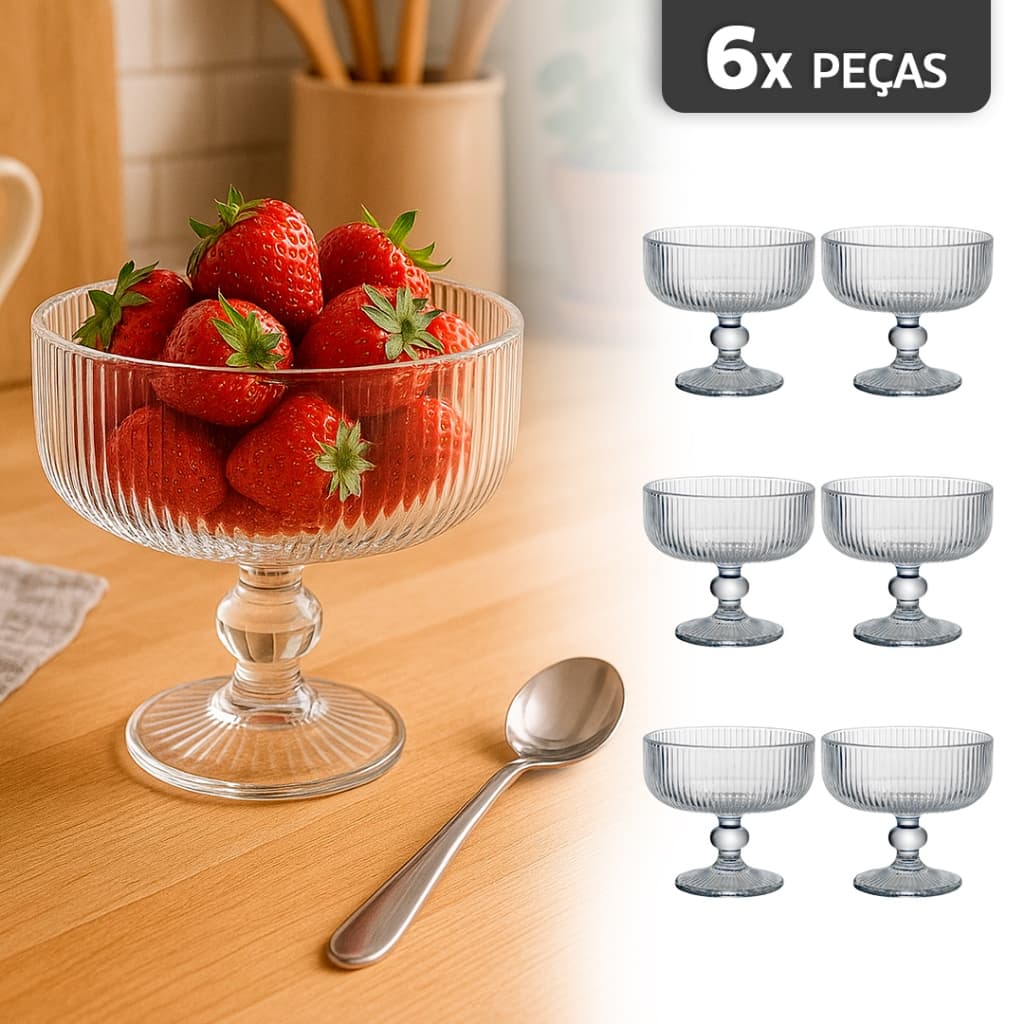 Conjunto 6 Taças de Vidro 320ml - Relevo Vertical Premium para Sobremesas e Decoração